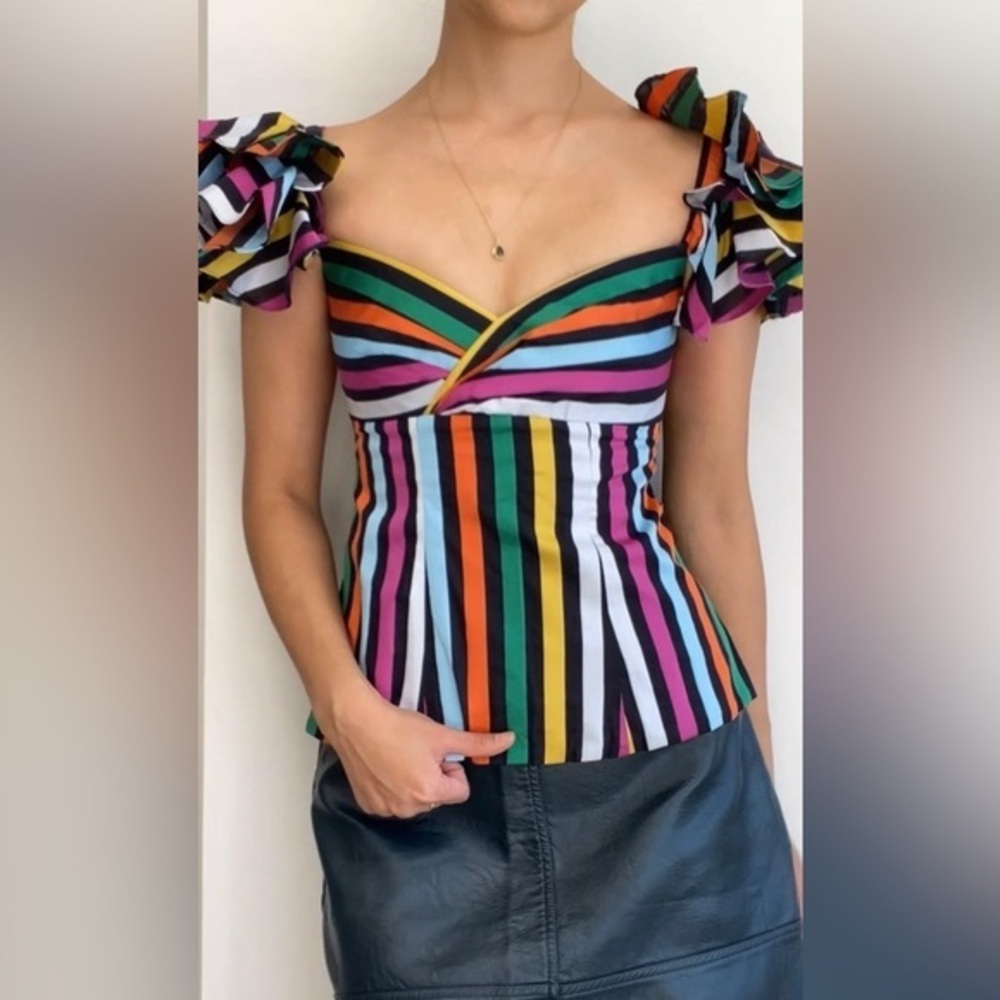 Brand New Caroline Constas Multi Color Ruffle Blouse Size XS